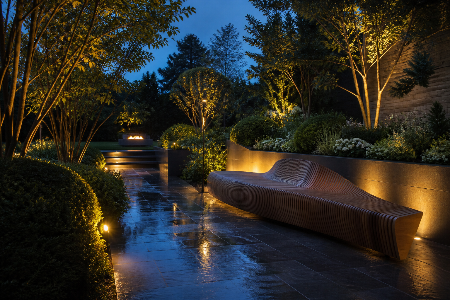 Example photography of a finished garden terrace at dusk