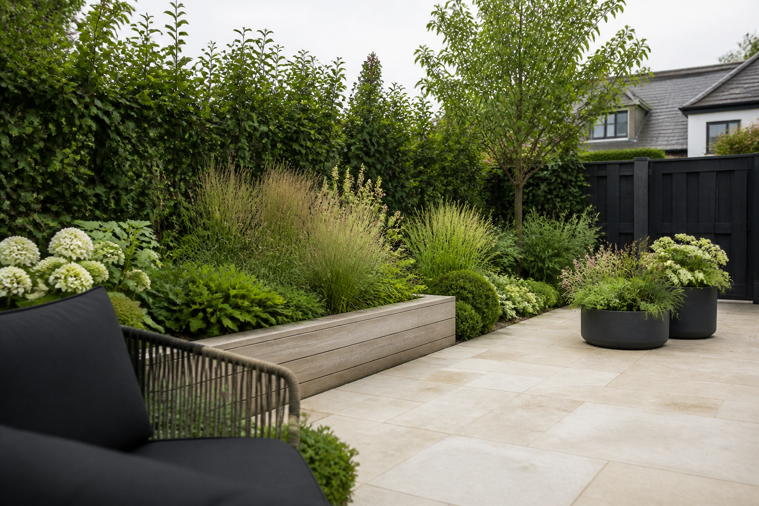 Example photography of a landscaped patio and planting