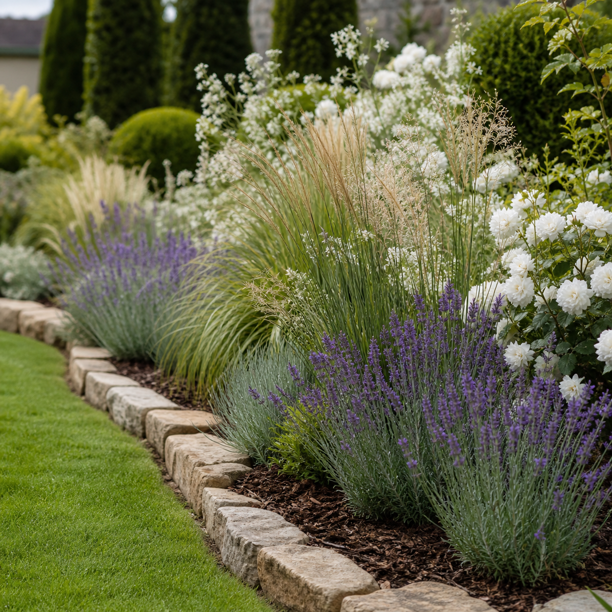 Example photography of layered garden planting and natural stone edging
